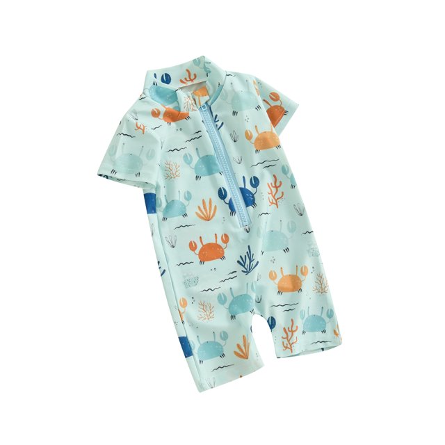 Toddler Baby Boy One Piece Swimsuit Short Sleeve Zipper Bathing Suit