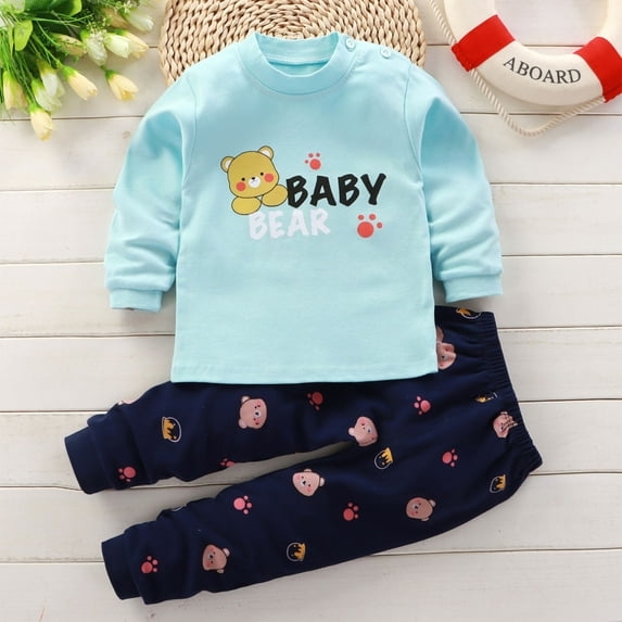 Toddler Baby Boy Outfits Cotton Cozy Cute Graphic Long Sleeve Top and Jogger Pant Sets Fall Clothes, 3-12M & 1-7T (1-2T, Light Blue)