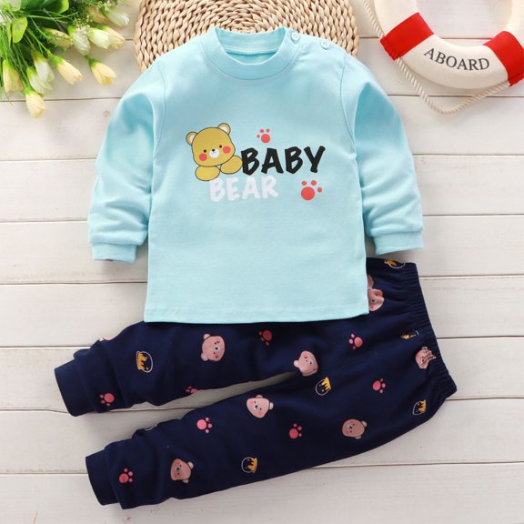 Toddler Baby Boy Outfits Cotton Cozy Cute Graphic Long Sleeve Top and Jogger Pant Sets Fall Clothes, 3-12M & 1-7T (6-7T, Light Blue)