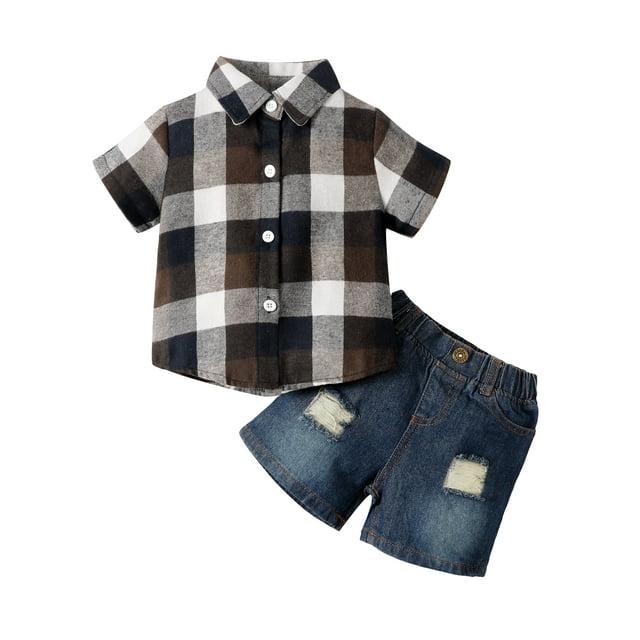 Toddler Baby Boy Outfits Plaid Short Sleeve Ripped Denim Short Set