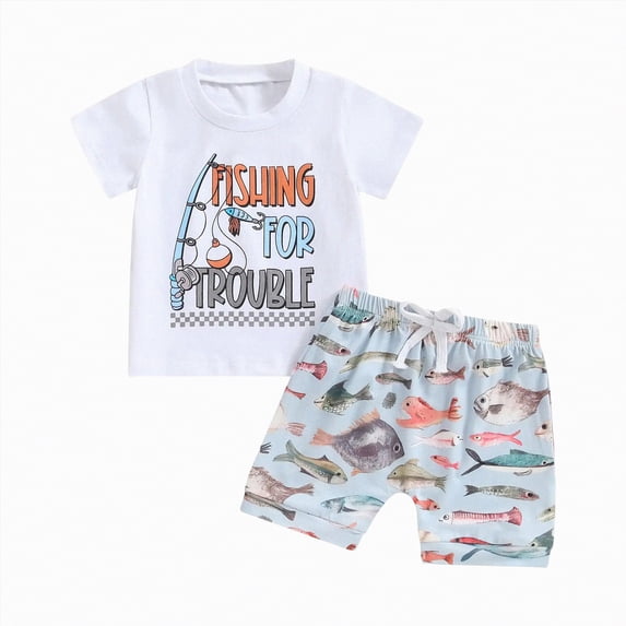 Toddler Baby Boy Outfits Short Sleeve Fishing Print Top with Drawstring Shorts Set for Outdoor Play 2 Piece