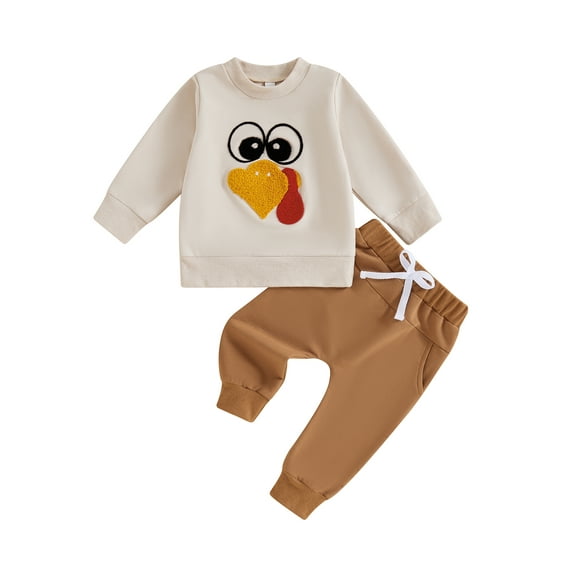 Toddler Baby Boy Pants Clothes Set, 3 6 12 18 24 Months Long Sleeve Crew Neck Embroidery Turkey Sweatshirt with Pants Thanksgiving Outfit