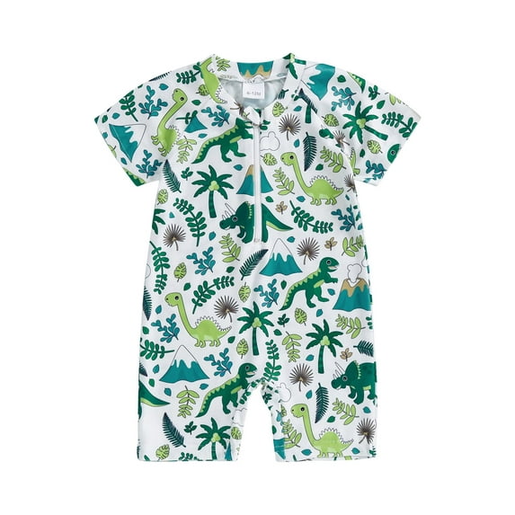 Toddler Baby Boy Rash Guard Swimsuit 6 12 18 24 Months 2T 3T Leaves Dinosaur Bow Pattern Zip Up Short Sleeve Crew Neck Baby Swimwear