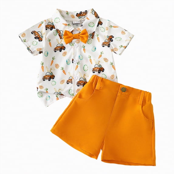 Toddler Baby Boy Short Sleeve Outfit Set with Bow Tie Easter Button Down Shirt and Shorts for Summer