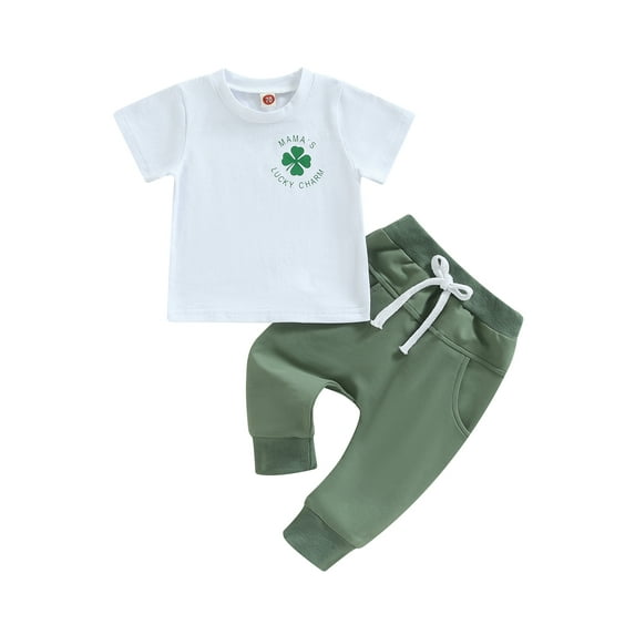 Toddler Baby Boy St. Patrick's Day Outfits Letter Printed Short Sleeve T-Shirt Tops and Pants 2pcs Clothes Set