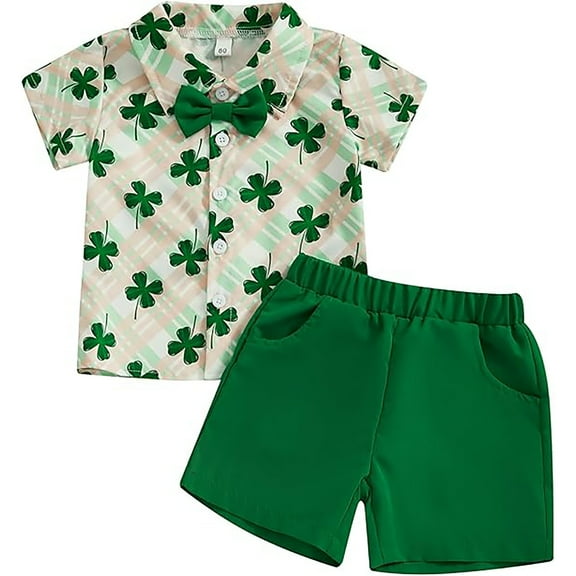 Toddler Baby Boy St Patricks Day Outfits Button Up Short Sleeve Shirt And Shorts Set 2Pcs Irish Outfits baby clothes for girls 12-18 months boys 2t clothes