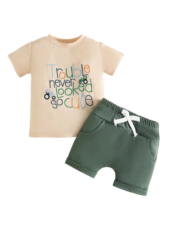 Toddler Baby Boy Summer Clothes 6 12 18 24 Months 2T 3T Short Sleeve Embroidery T Shirt Tops and Elastic Waist Shorts Set