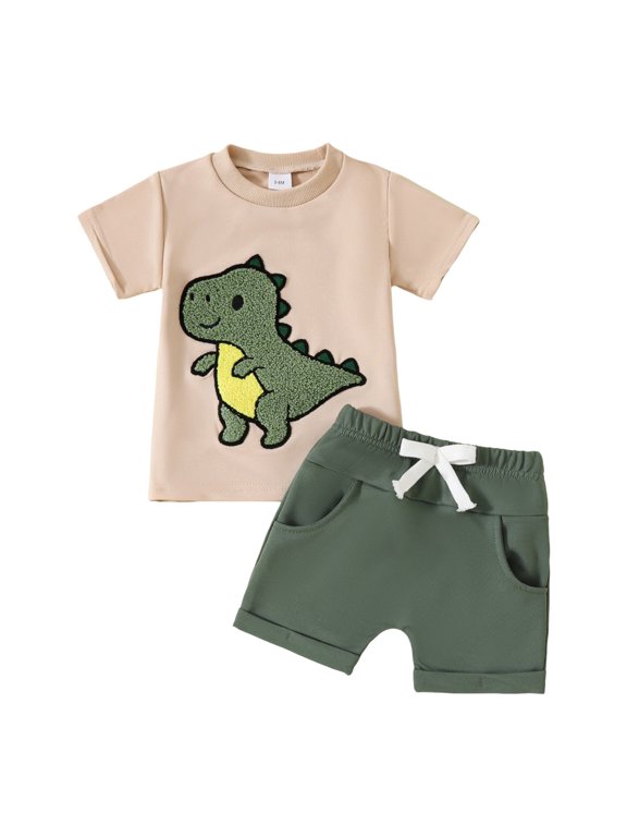 Toddler Baby Boy Summer Clothes 6 12 18 24 Months 2T Embroidery T-Shirt Shorts Sets Casual Truck Excavator Dinosaur Outfits