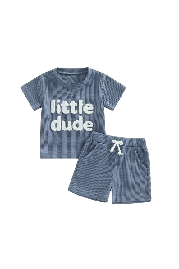 Toddler Baby Boy Summer Clothes 6M 12M 18M 24M 3Y Waffle Knit  Little Dude Short Sleeve T-Shirt Solid Drawstring Shorts Set