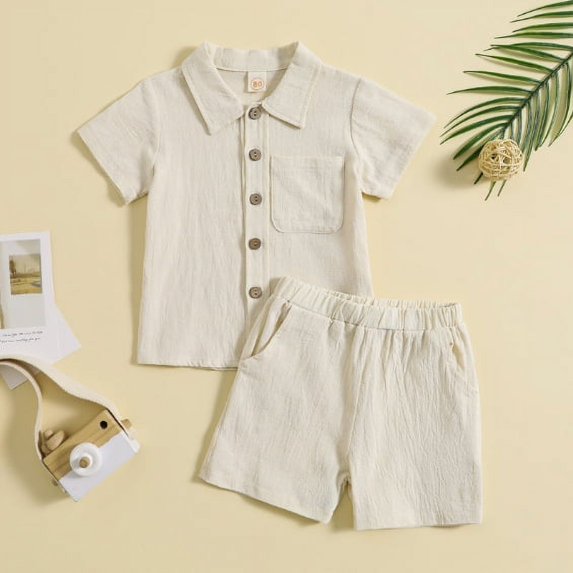 Toddler Baby Boy Summer Clothes Cotton Linen Short Sleeve Solid Button Down Shirt Shorts Set Outfits with Pockets