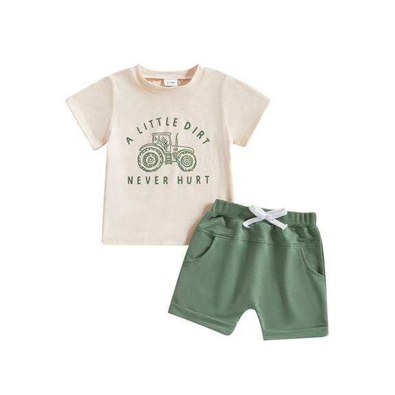 Toddler Baby Boy Summer Clothes Set 6 12 18 24 Months 2T 3T 4T Tractor Letter Print Short Sleeve T-Shirt Elastic Waist Solid Shorts Outfit Sets