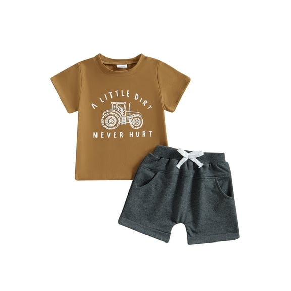 Toddler Baby Boy Summer Clothes Set 6 12 18 24 Months 2T 3T 4T Tractor Letter Print Short Sleeve T-Shirt Elastic Waist Solid Shorts Outfit Sets