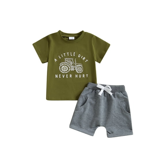 Toddler Baby Boy Summer Clothes Set 6 12 18 24 Months 2T 3T 4T Tractor Letter Print Short Sleeve T-Shirt Elastic Waist Solid Shorts Outfit Sets