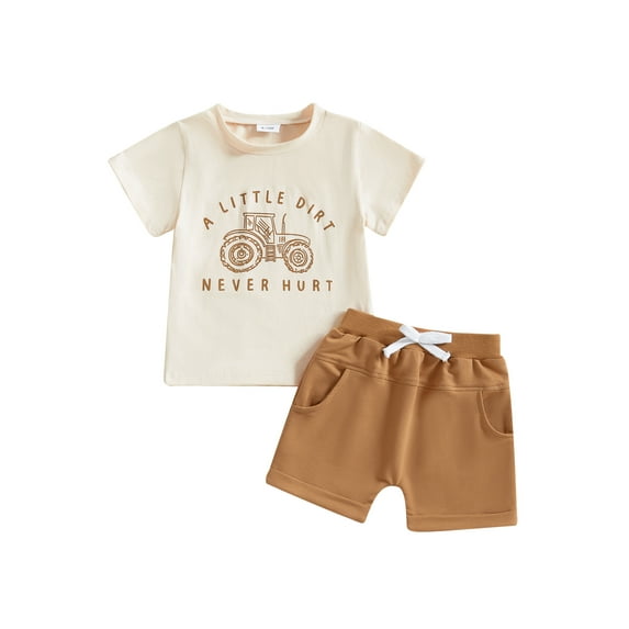 Toddler Baby Boy Summer Clothes Set 6 12 18 24 Months 2T 3T 4T Tractor Letter Print Short Sleeve T-Shirt Elastic Waist Solid Shorts Outfit