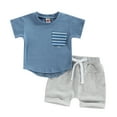 thumbnail image 1 of Toddler Baby Boy Summer Clothes Short Sleeve Striped Pocket Tshirt Top Solid Shorts Set Casual Outfits, 1 of 9