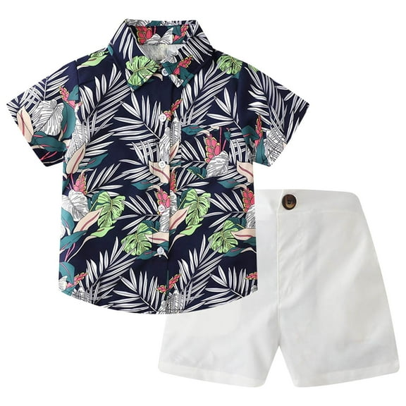 Toddler Baby Boy Summer Hawaii Outfit Floral Shirt   Solid Shorts Little Gentleman Button Down Bowtie Clothes Set