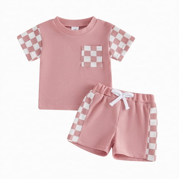 Toddler Baby Boy Summer Outfit Checkerboard Patchwork T Shirt Elastic Waist Shorts Newborn Infant Waffle Clothes Set