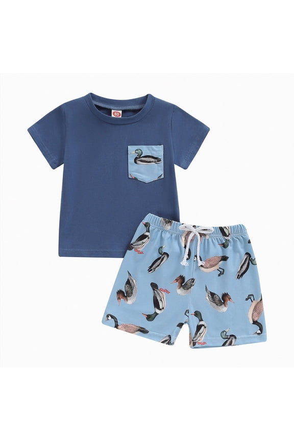 Toddler Baby Boy Summer Outfit Duck Print Short Sleeve T-Shirt and Matching Print Shorts Cotton Clothing Set 3M-3Y