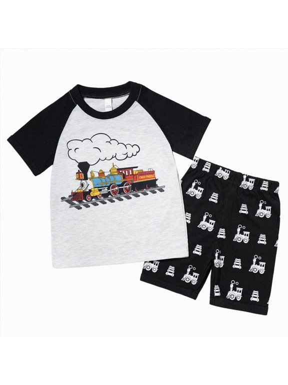 Toddler Baby Boy Summer Outfit Vintage Train Print Raglan T-Shirt and Shorts Set Kids School Fashion Suit Size 3-8 Years
