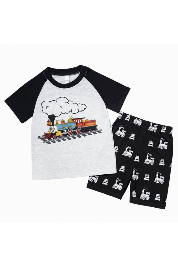 Toddler Baby Boy Summer Outfit Vintage Train Print Raglan T-Shirt and Shorts Set Kids School Fashion Suit Size 3-8 Years