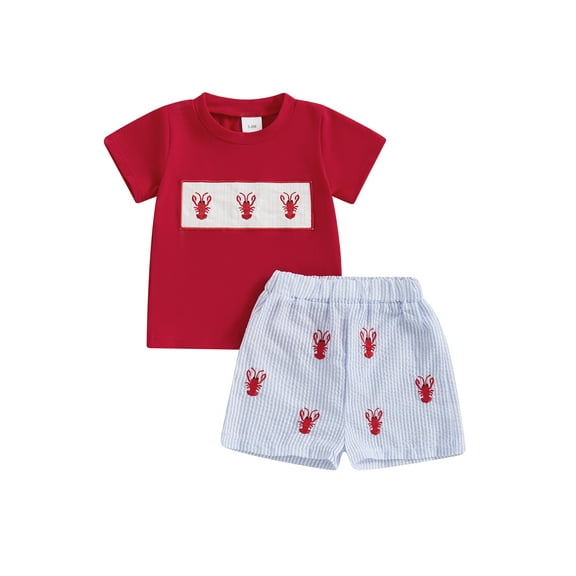 Toddler Baby Boy Summer Outfits 3 6 12 18 24 Months 2T 3T 4T 5T Lobster Embroidery Round Neck Short Sleeve T shirt Tops with Stripe Shorts Clothing