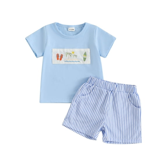 Toddler Baby Boy Summer Outfits 6 12 18 24 Months 2T 3T 4T Animal Embroidery Round Neck Short Sleeve Tops with Stripe Shorts Clothes Set