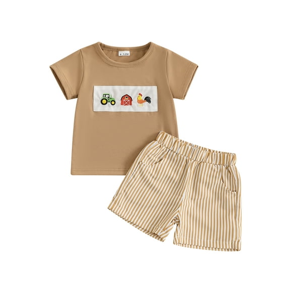 Toddler Baby Boy Summer Outfits 6 12 18 24 Months 2T 3T 4T Animal Embroidery Round Neck Short Sleeve Tops with Stripe Shorts Clothes Set