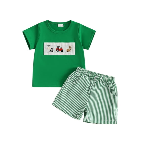 Toddler Baby Boy Summer Outfits 6 12 18 24 Months 2T 3T 4T Animal Embroidery Round Neck Short Sleeve Tops with Stripe Shorts Clothes Set