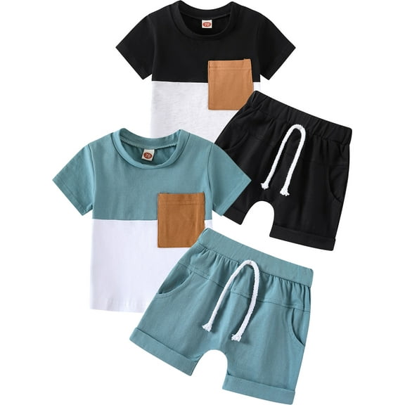 Toddler Baby Boy Summer Outfits Color Block T Shirts Tops with Shorts Sets Cute Infant 0-5T