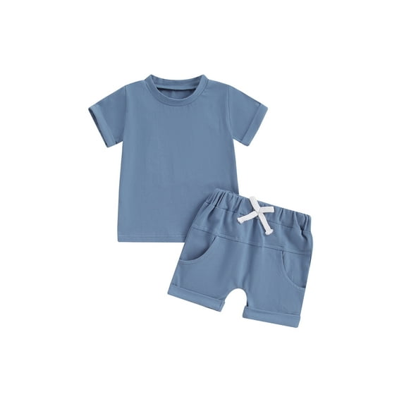 Toddler Baby Boy Summer Outfits Solid Color Rolled Hem Short Sleeve T-Shirts Tops Elastic Waist Shorts 2Pcs Clothes Set