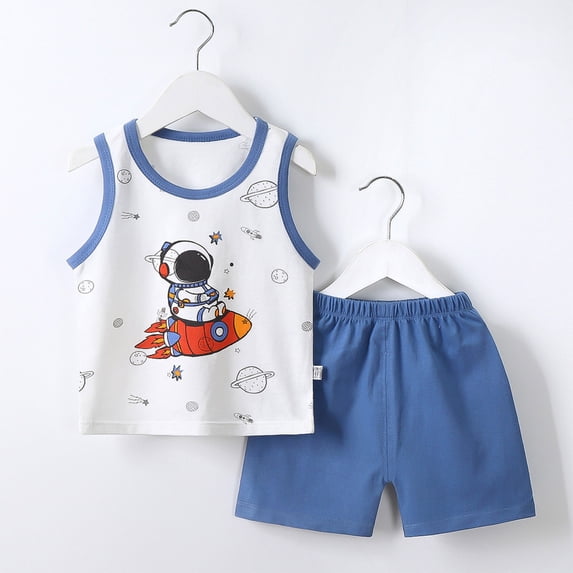 Toddler Baby Boy Summer Sets Funny Printed Tank Tops+Shorts Lightweight Elastic Cotton Outfits Blue 5-6 Years