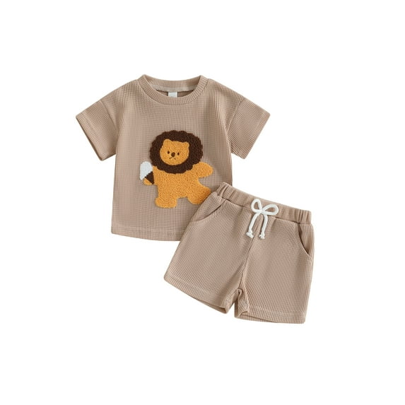 Toddler Baby Boy Summer Waffle Outfits 6 12 18 24 Months 2T 3T Lion Embroidery Round Neck Short Sleeve Tops with Elastic Waist Shorts Clothing Set