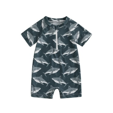 Toddler Baby Boy Swimsuit 6 12 18 24 Months 2T 3T Short Sleeve Mock Neck Shark Print Zip Up Rash Guard Bathing Suit