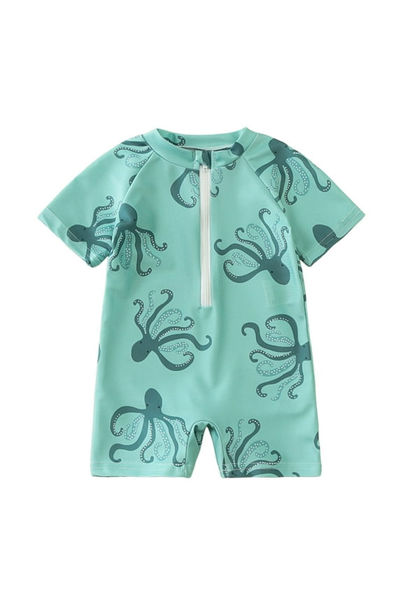Toddler Baby Boy Swimsuit Shark Print Bathing Suit Half Zip Up One Piece Romper Short Sleeve Swimwear,Green