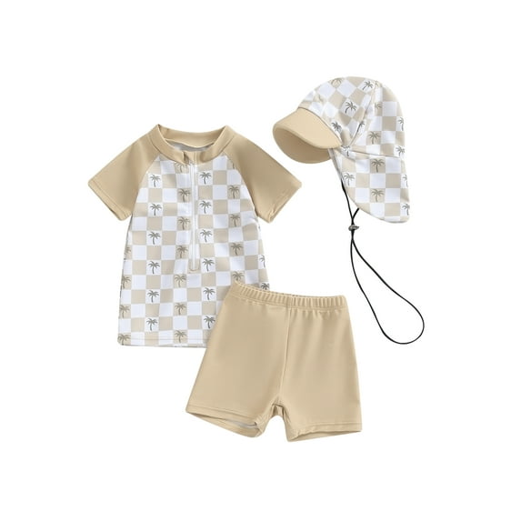 Toddler Baby Boy Swimsuit UPF 50+ Rash Guard Shark Print Top+Swim Trunks +Hat 3Pcs Set Sun Protection Bathing Suit Swimwear