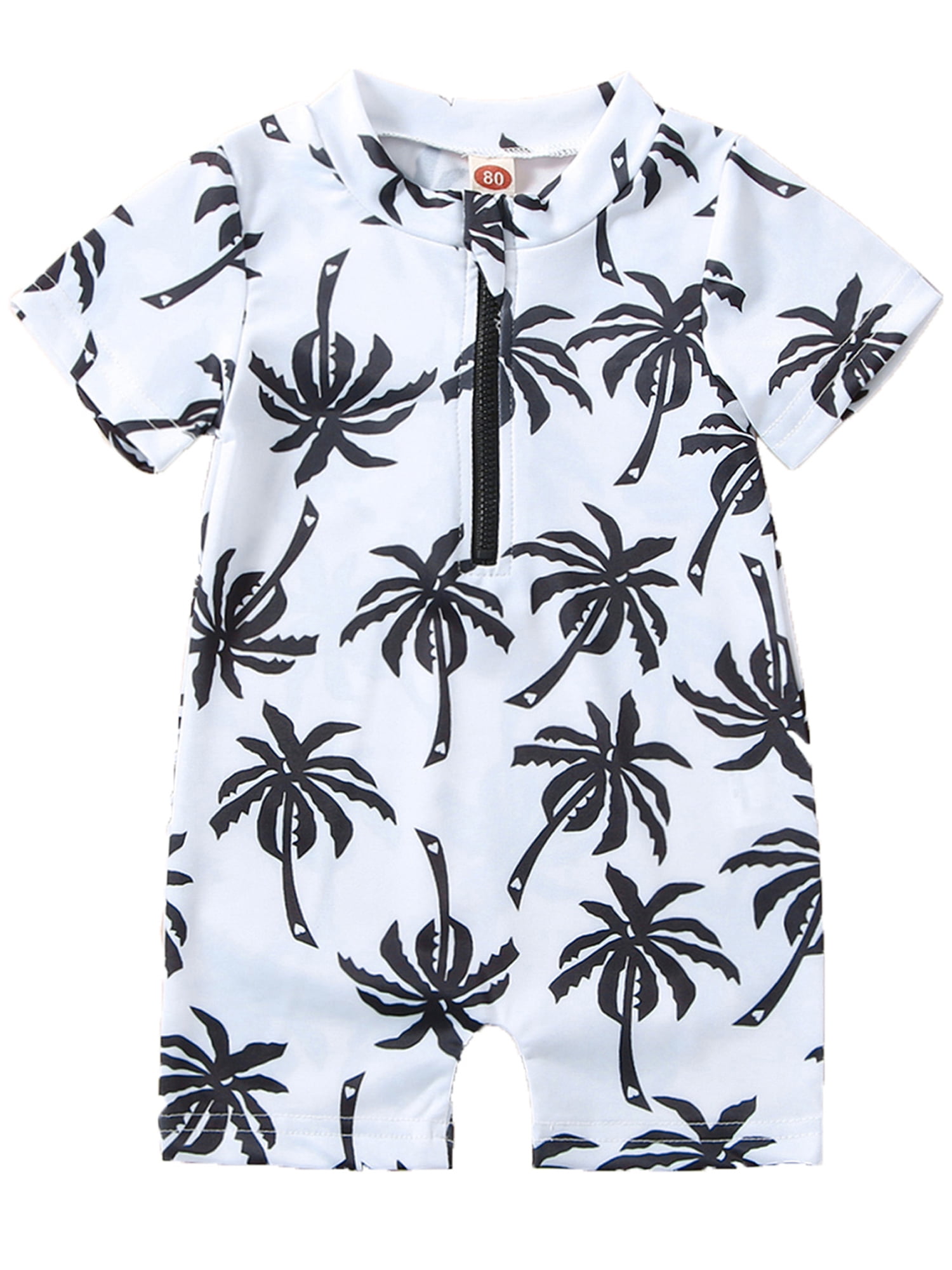 Toddler Baby Boy Swimsuit with Hat Cartoon Tree Print Short Sleeve