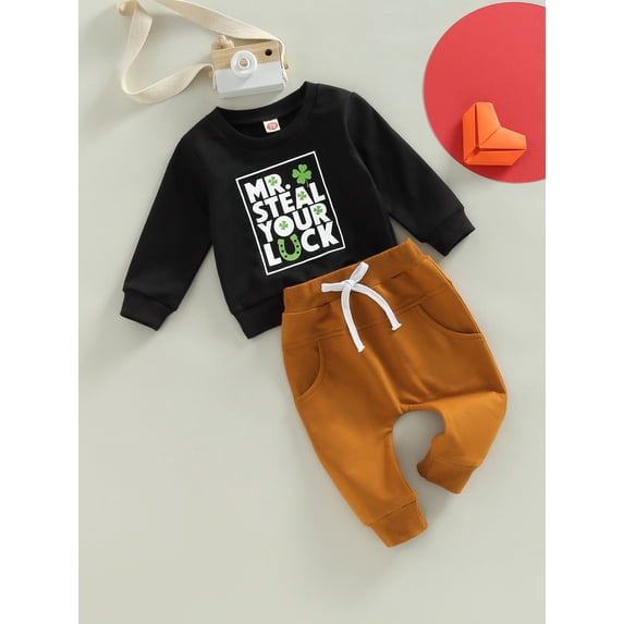 Toddler Baby Boy Valentine's Clothes Set Cute Letter Printed Long Sleeve Crewneck Sweatshirt Top Casual Jogger Pants Outfits (Steal Luck, 18-24 Months)