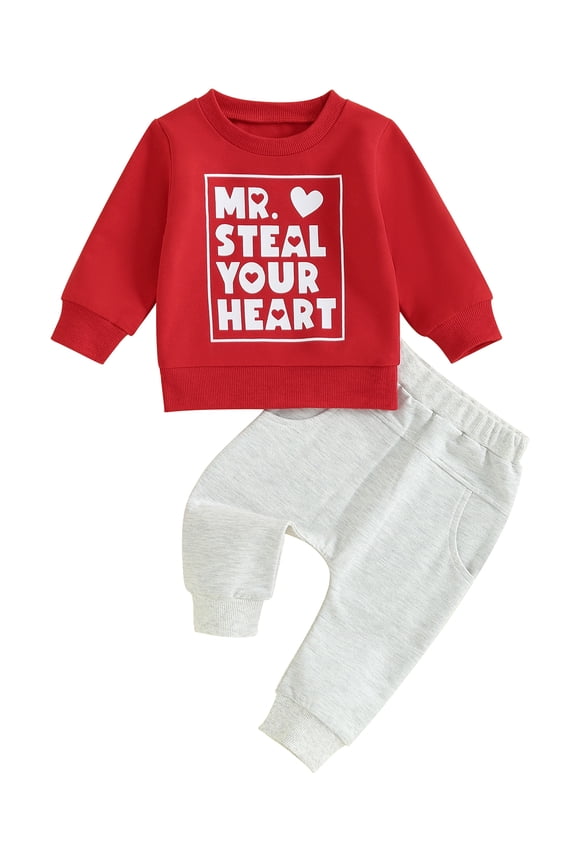 Toddler Baby Boy Valentines Day Outfit Mr Steal Your Heart Long Sleeve Sweatshirt and Long Pants Spring Fall Clothes Set