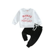 WALLARENEAR Toddler Baby Boy Valentines Day Outfits MAMA'S Valentine Long Sleeve Sweatshirt Top Pants Set