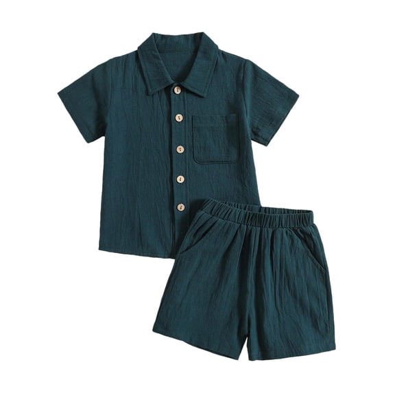 Toddler Baby Boys 2PCS Clothes Solid Color Cotton Linen Button Down Shirt Top And Shorts Summer Outdoor Casual Suit