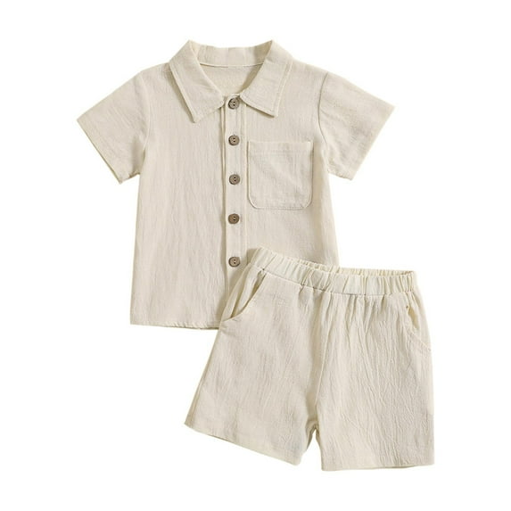 Toddler Baby Boys 2PCS Clothes Solid Color Cotton Linen Button Down Shirt Top And Shorts Summer Outdoor Casual Suit