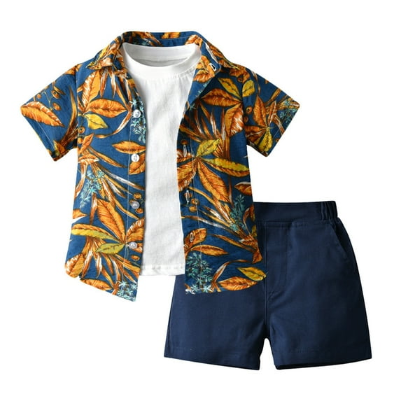 Toddler Baby Boys 3PCS Hawaii Shorts Set Short Sleeve Solid Color T-shirt + Button Down Print Shirt Top + Casual Shorts Infant Kid Floral Leaf Summer Beach Outfits