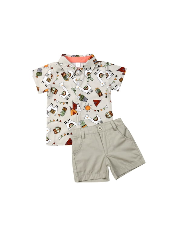 Toddler Baby Boys Alpaca Shorts Set Short Sleeve Button Down Shirt + Shorts Pants 2 Pieces Infant Summer Clothes Outfits