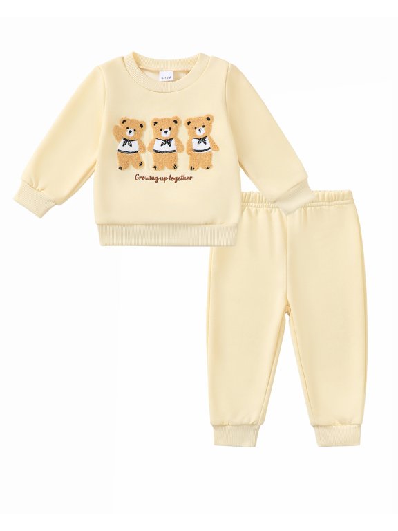Toddler Baby Boys Clothes 12 Months Boys Fall Winter Outfits 18 Months Boys Long Sleeve Cute Pattern Round Neckline Sweatshirt Pants 2PCS Clothing Set Apricot
