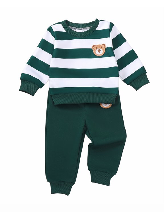 Toddler Baby Boys Clothes 12 Months Boys Fall Winter Outfits 18 Months Boys Long Sleeve Round Neckline Stripe Sweatshirt Pants 2PCS Clothing Set Green