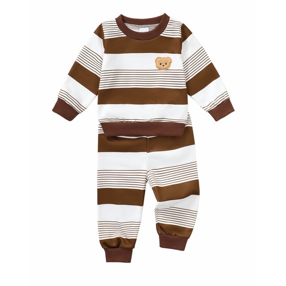 Toddler Baby Boys Clothes 18 Months Boys Fall Winter Outfits 24 Months Boys Long Sleeve Round Neckline Stripe Sweatshirt Pants 2PCS Clothing Set Brown