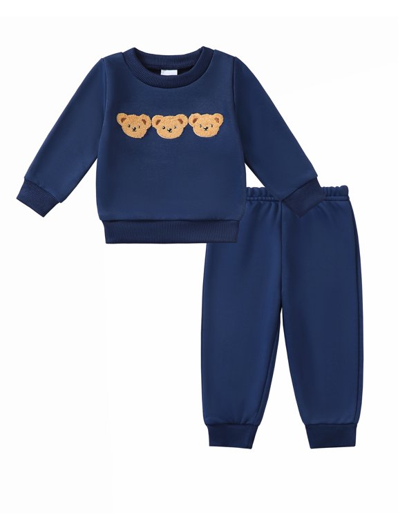 Toddler Baby Boys Clothes 2T Boys Fall Winter Outfits 3T Boys Long Sleeve Cute Pattern Round Neckline Sweatshirt Pants 2PCS Clothing Set Blue