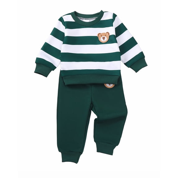 Toddler Baby Boys Clothes 2T Boys Fall Winter Outfits 3T Boys Long Sleeve Round Neckline Stripe Sweatshirt Pants 2PCS Clothing Set Green