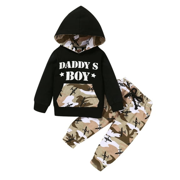 Toddler Baby Boys Clothes Baby Boys 2PCS Outfits Letter Print Long Sleeve Hooded Top Camouflage Pants Set Black 12-18 Months