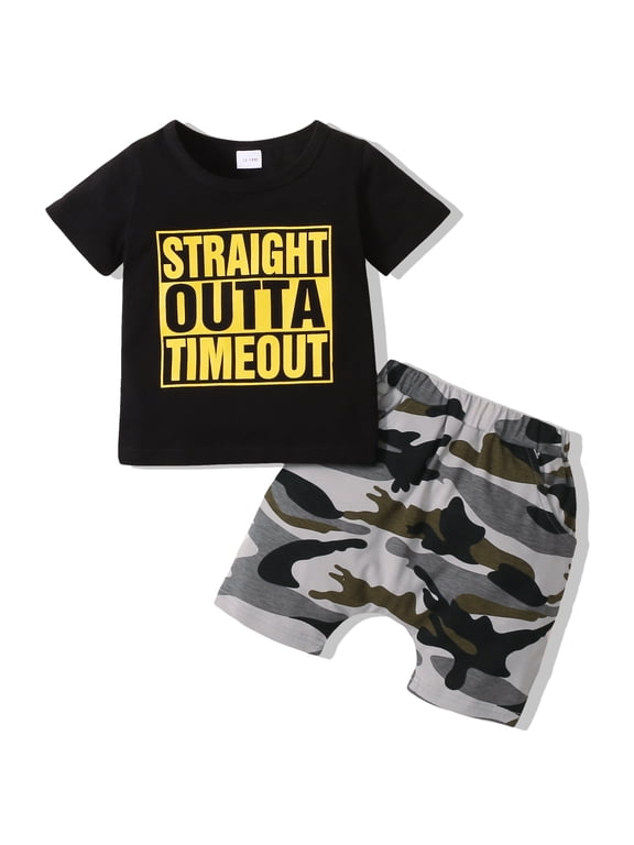 Toddler Baby Boys Clothes Baby Boys 2PCS Summer Outfits 12-18 Months Boys Letter Print Short Sleeve Top Camouflage Shorts Set Black